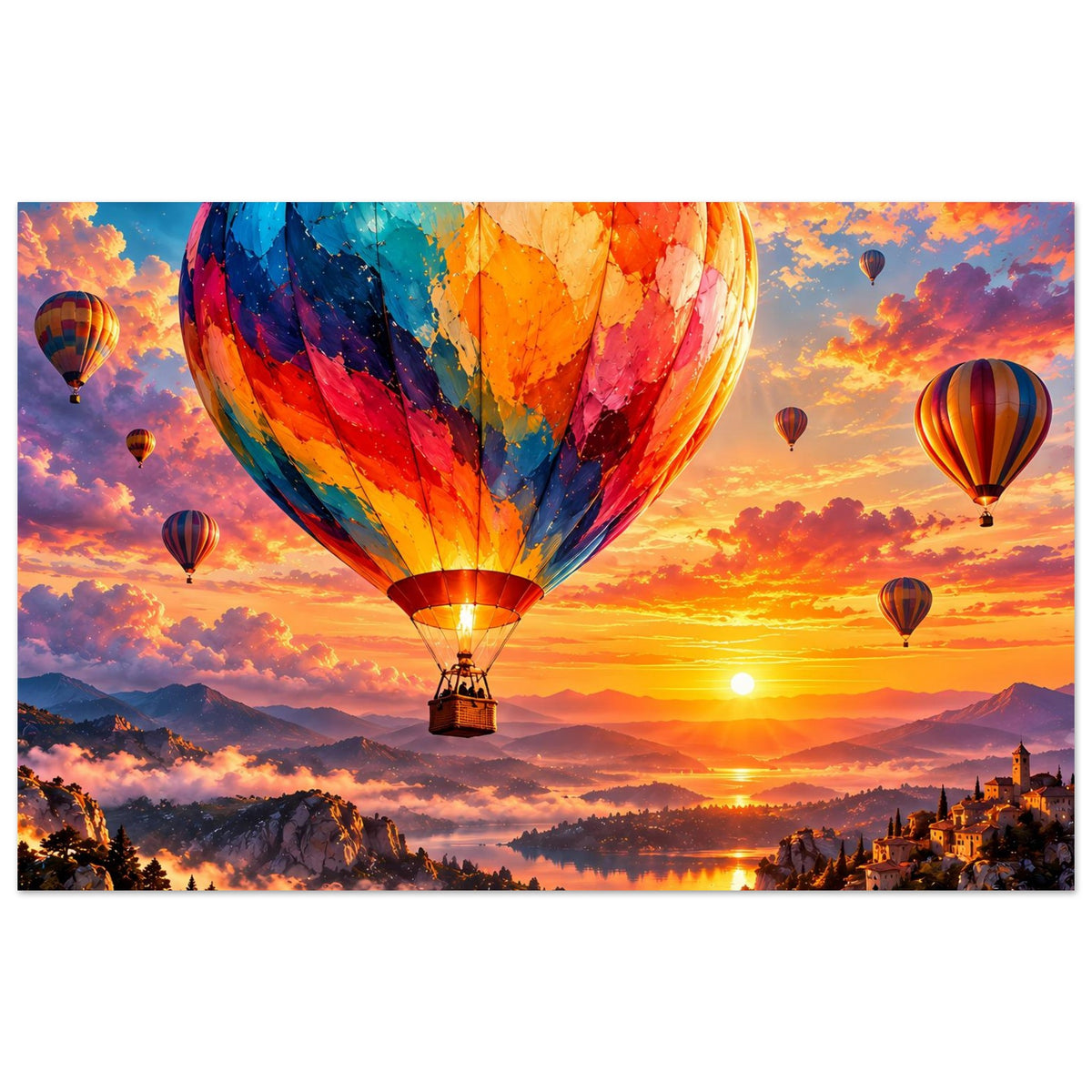 Poster mit Heißluftballons über Landschaft im Sonnenuntergang, kräftige Farbflächen.