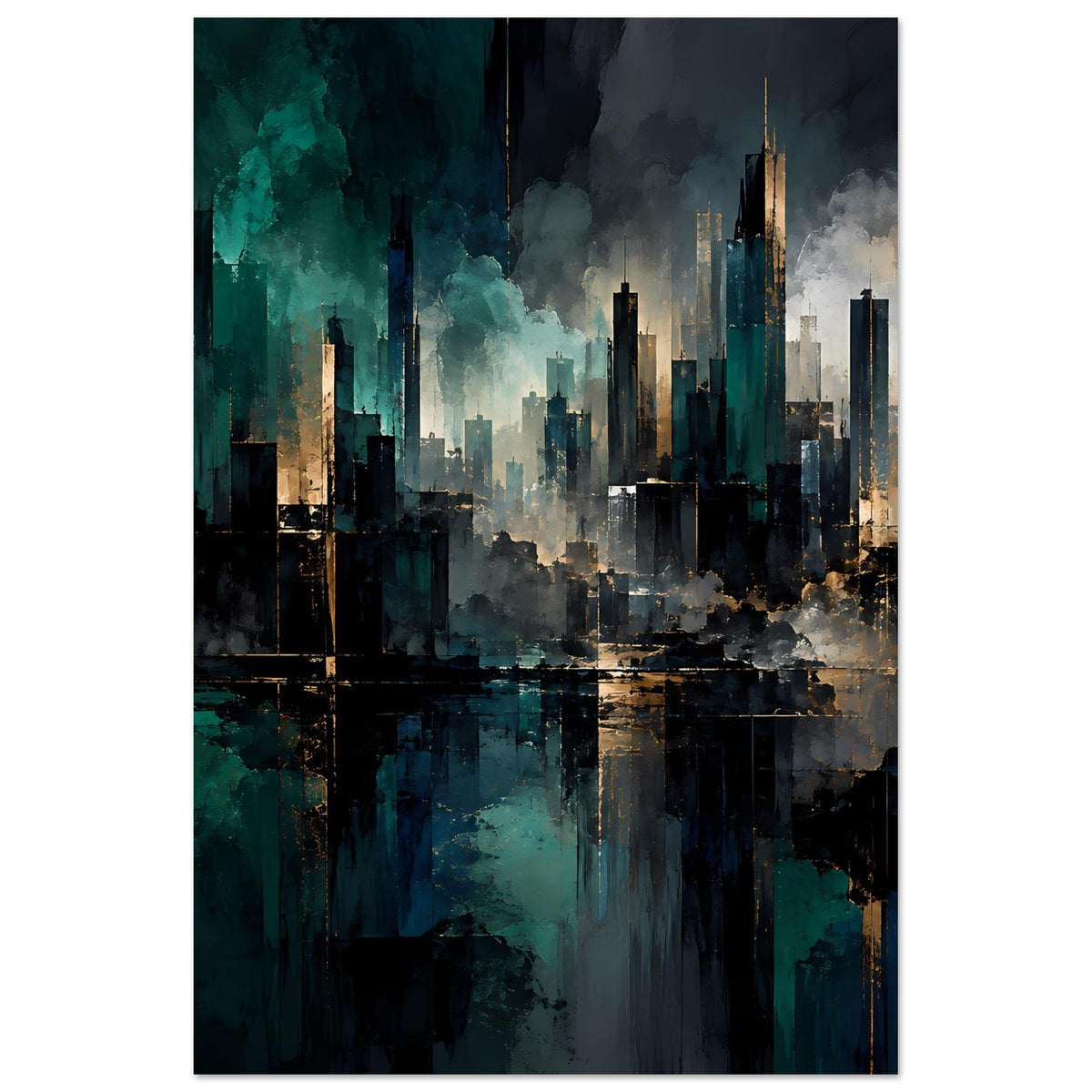 Abstraktes Skyline-Stadtposter im Hochformat, dunkle Türme, türkis-blaue Nuancen und goldene Details