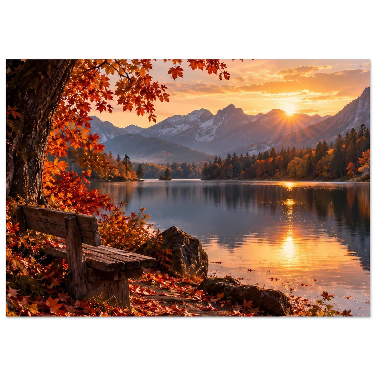 Herbstlandschafts-Poster im Querformat: Abendsonne, Berge, ruhiger See, rote Blätter an der Bank