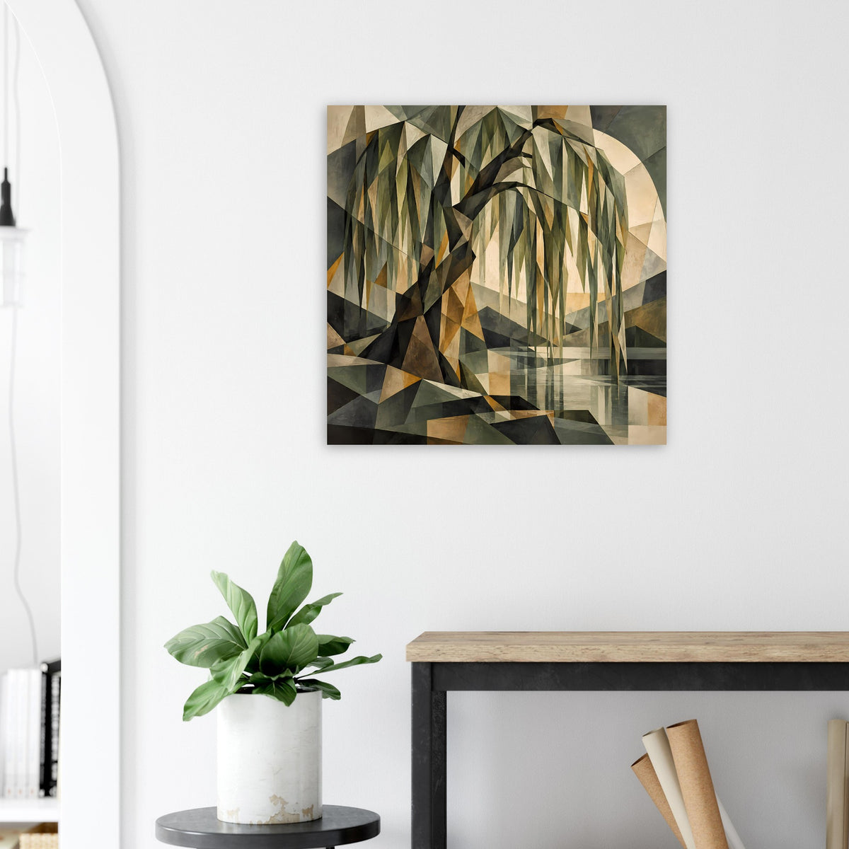 Wandposter mit geometrischem Baum-Motiv, stilisierte Blätter in Grün- und Beigetönen