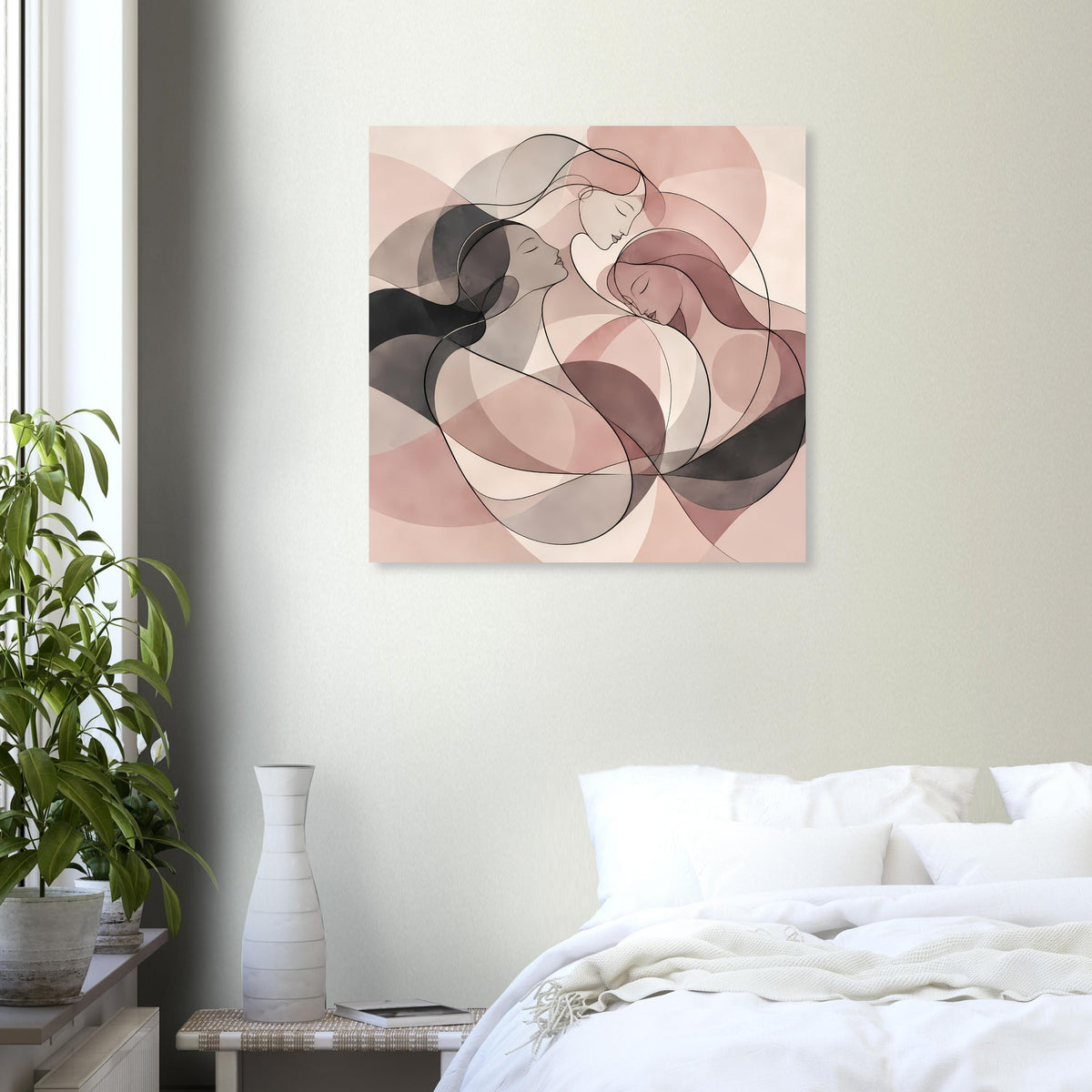 Abstraktes Poster mit drei Frauen in Rosé, Creme und Schwarz