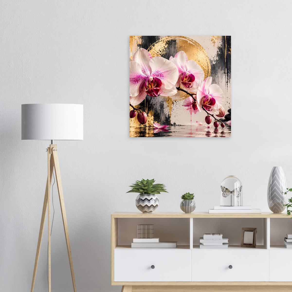 Orchideen-Poster mit pinken Orchideen und goldenem Akzentkreis im abstrakten Stil