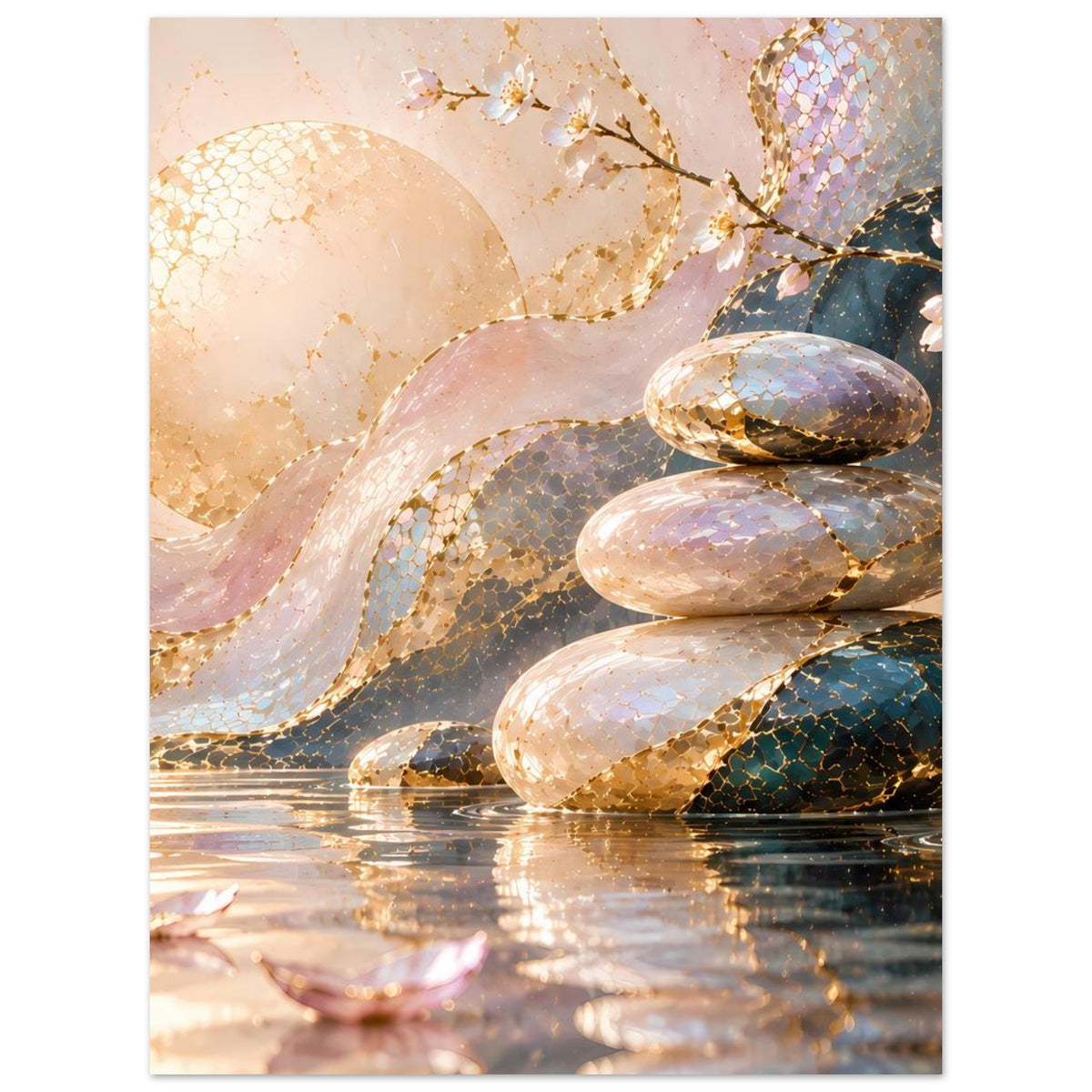 Poster mit Steinhaufen-Design, gold schimmernde Details, florale Zweige, Hochformat