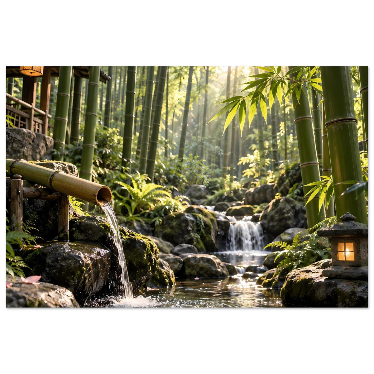 Wandposter: Bambuswasserfall über Felsen mit Laternen rechts und links im Wald