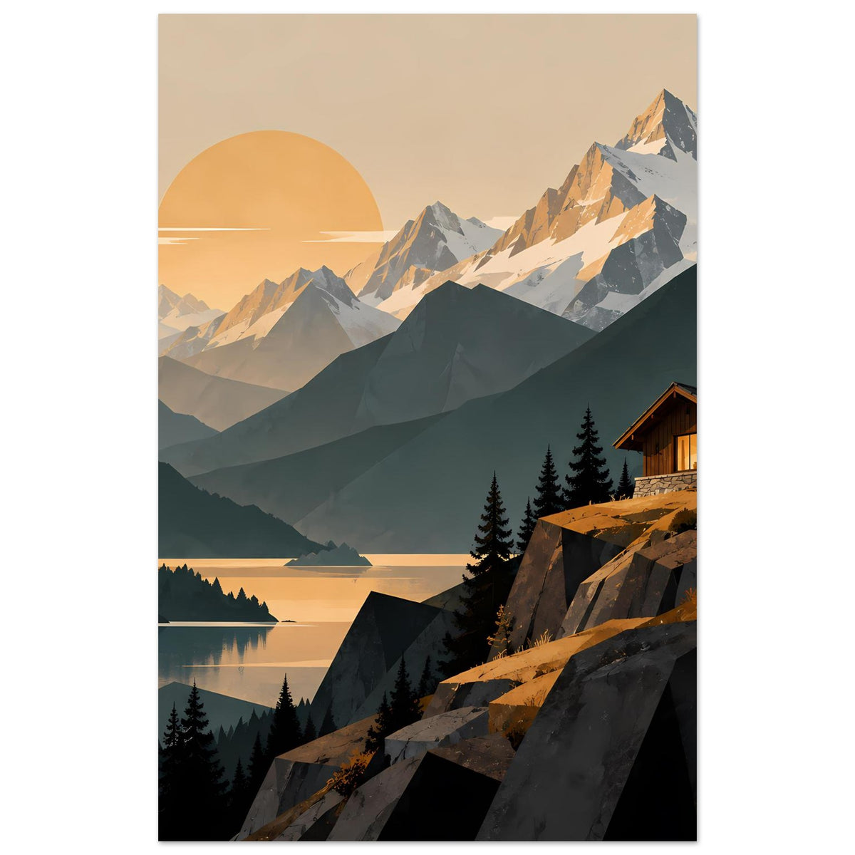 Wandposter im Hochformat mit Alpenlandschaft: See, Berge, große Sonne und Holzhaus