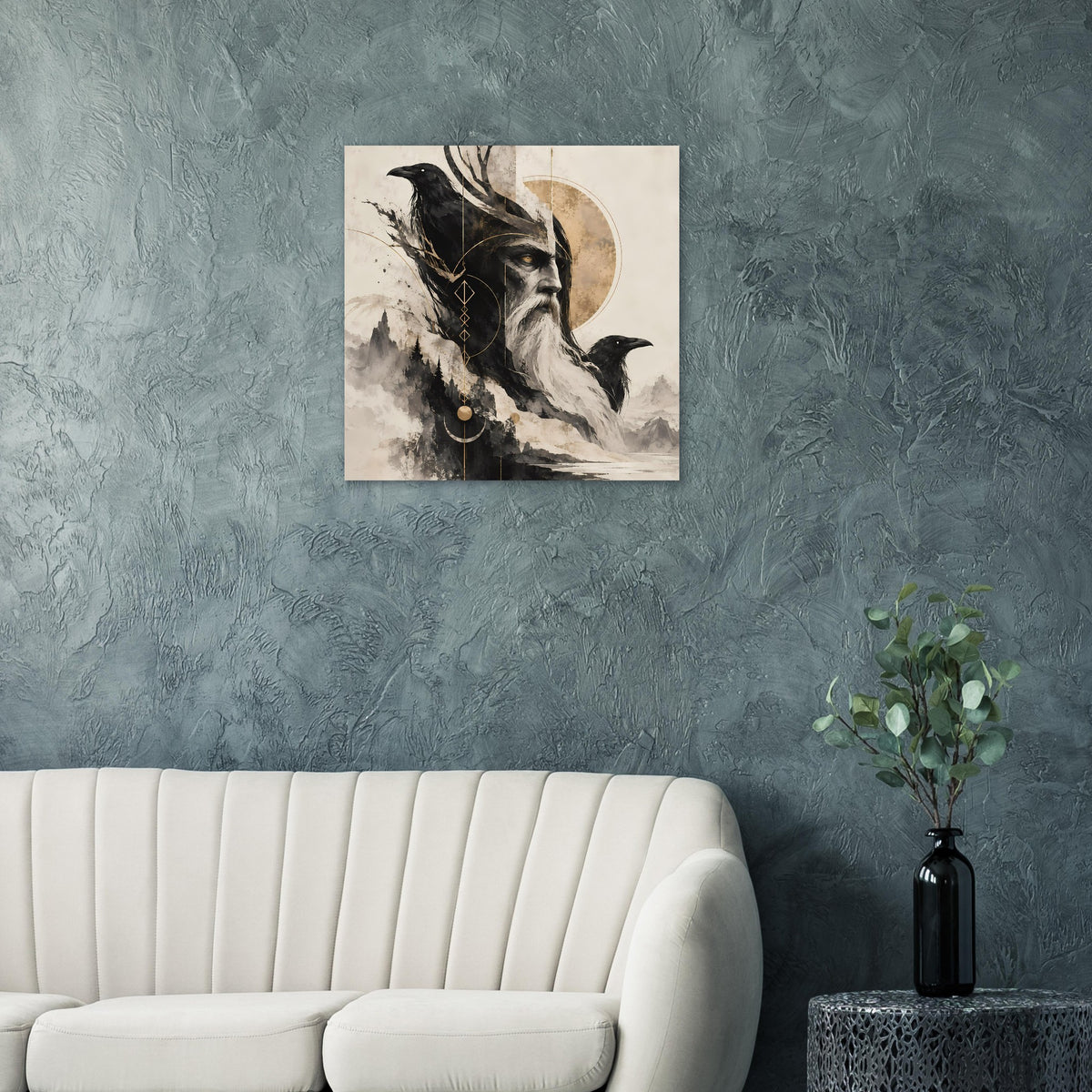 Wandposter mit bärtigem Weisen und Rabe, Halbmondscheibe sowie Nebel im Stil