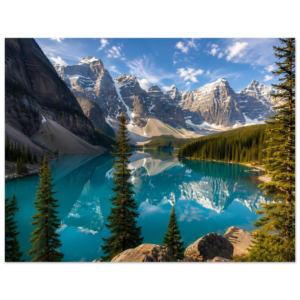 Gerahmtes Wandposter: türkisblauer Bergsee mit Spiegelung, Nadelwäldern und Alpenbergen