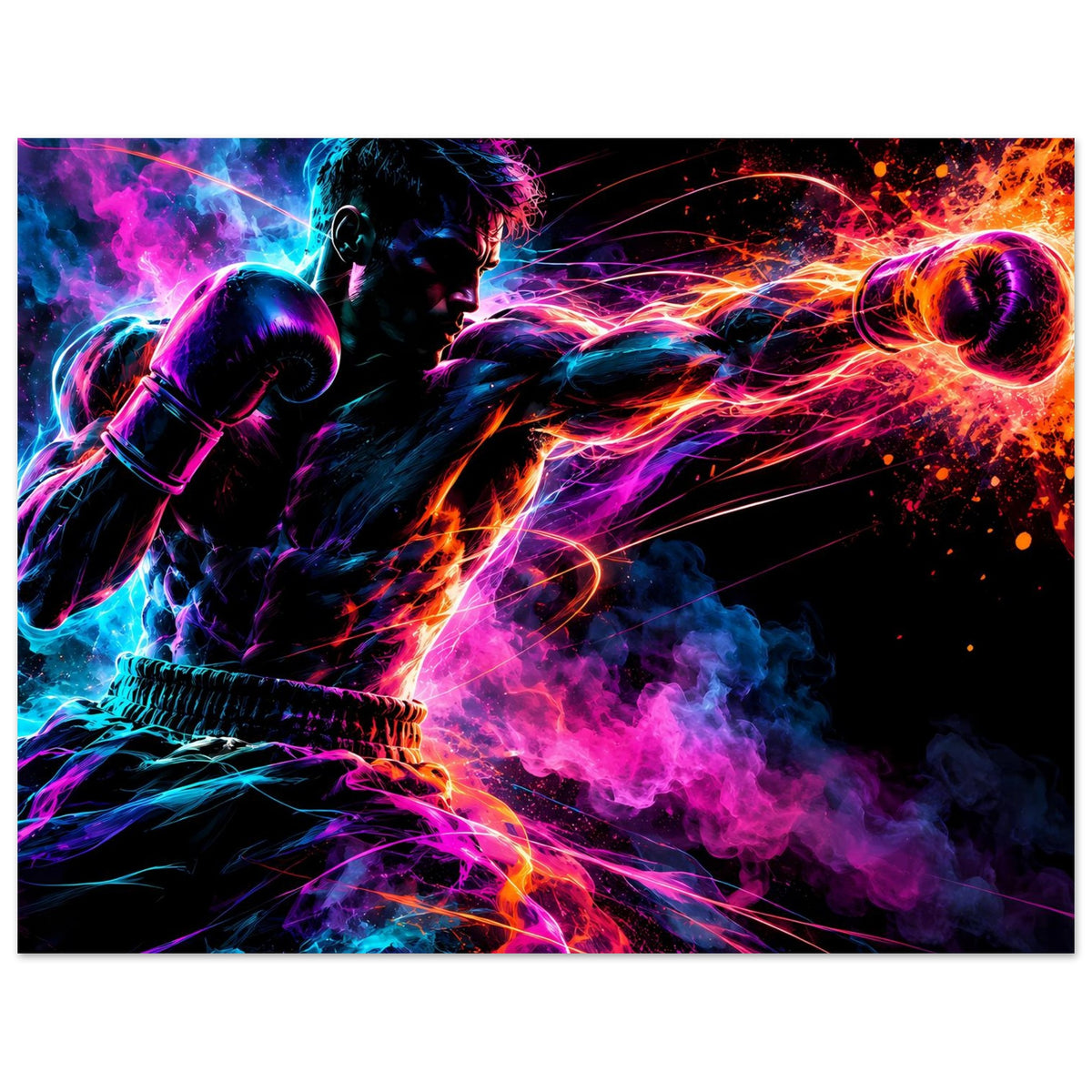 Neon-Boxer-Poster, horizontal: Boxkämpfer mit Handschuhen, Neonrauch und Lichtspuren.