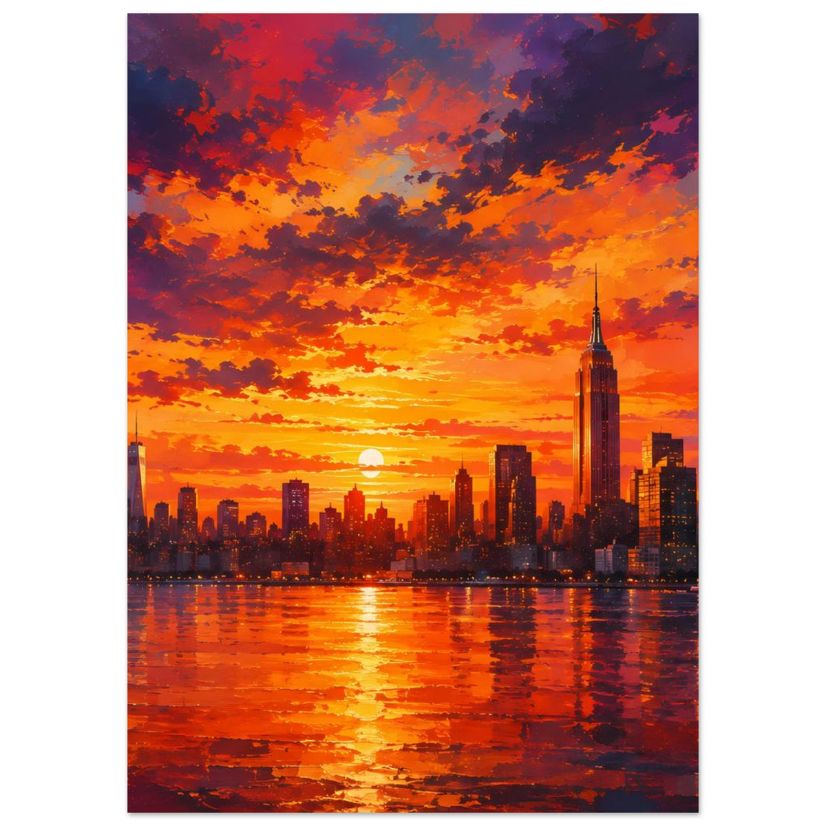 Poster im Hochformat mit Skyline bei Sonnenuntergang und roter Wasserreflexion