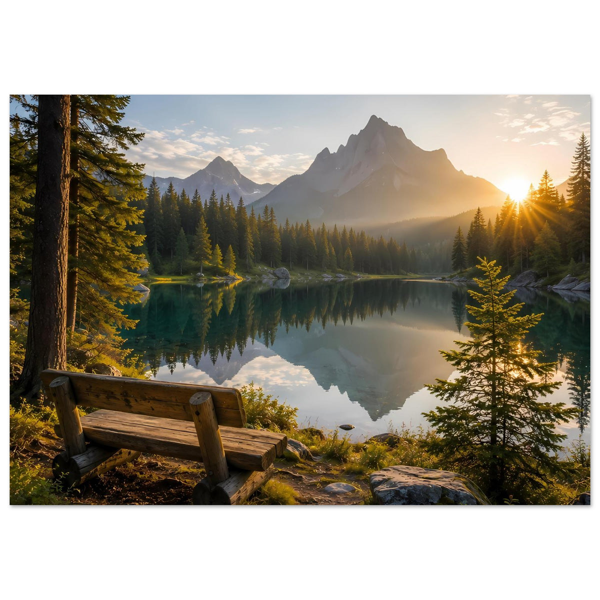 Poster in breiter Ansicht: Bergsee, Nadelbäume am Ufer, Holzbank links unten, Sonne rechts