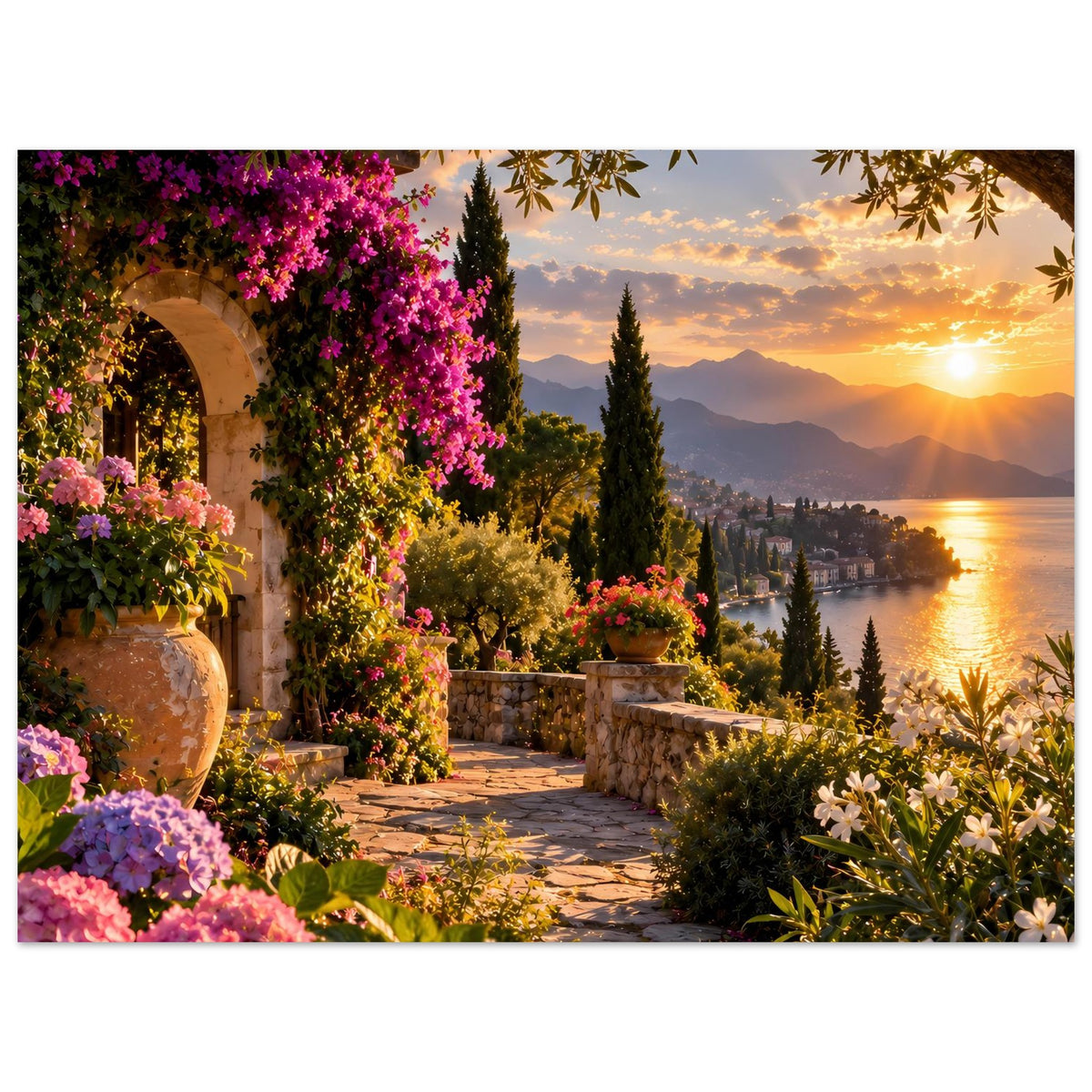 Poster im Querformat: Garten-Terrasse mit Blüten, Sonne über dem Wasser und Bergen