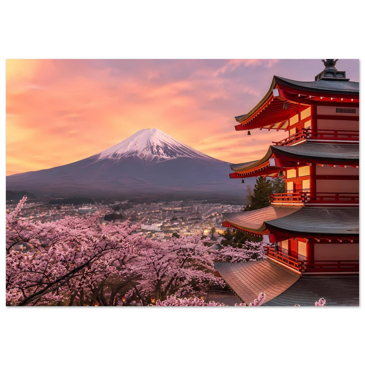 Poster mit Fuji, Kirschblüten im Vordergrund und roter Pagode rechts