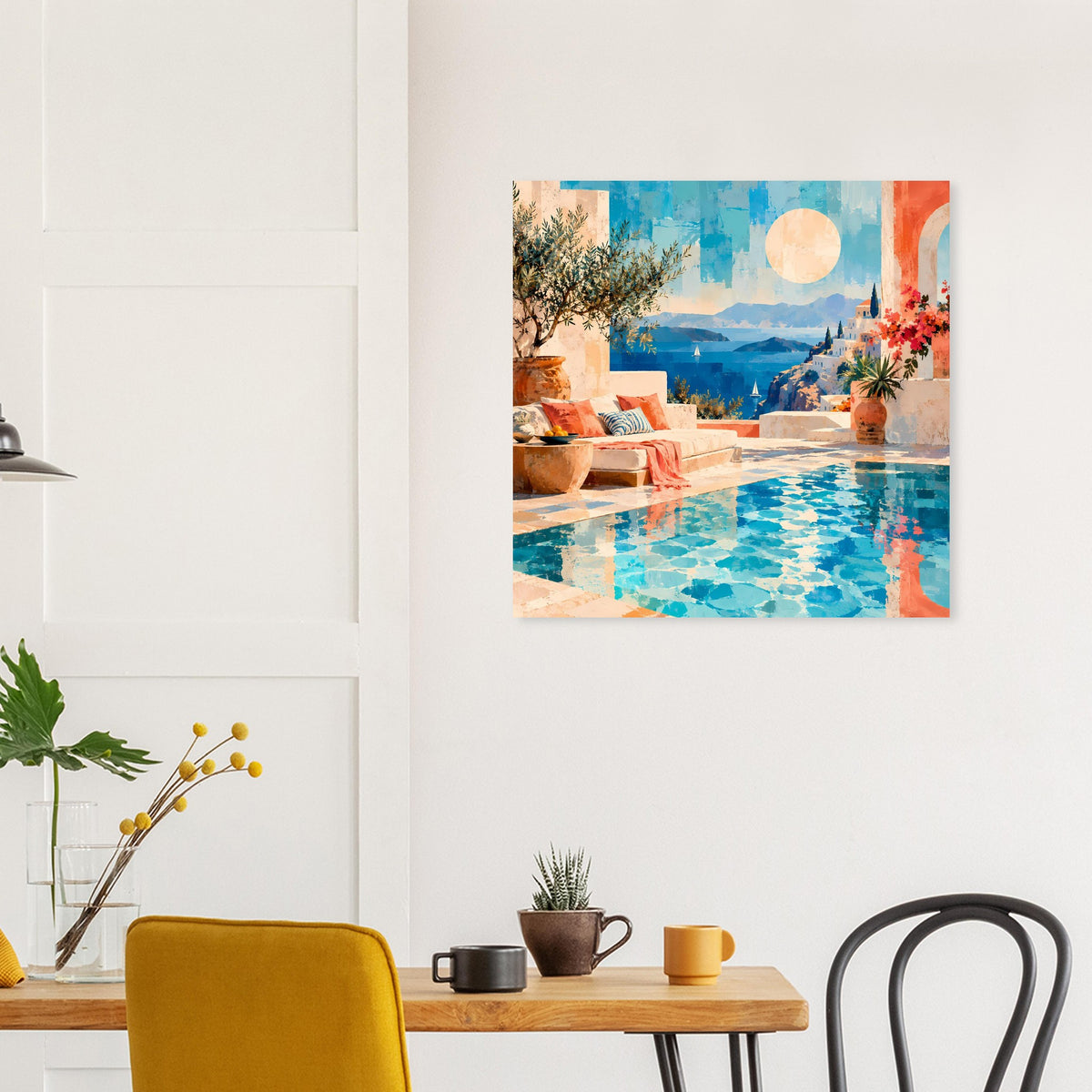 Poster mit Küstenblick und Pool, blaues Wasser, orangefarbene Akzente
