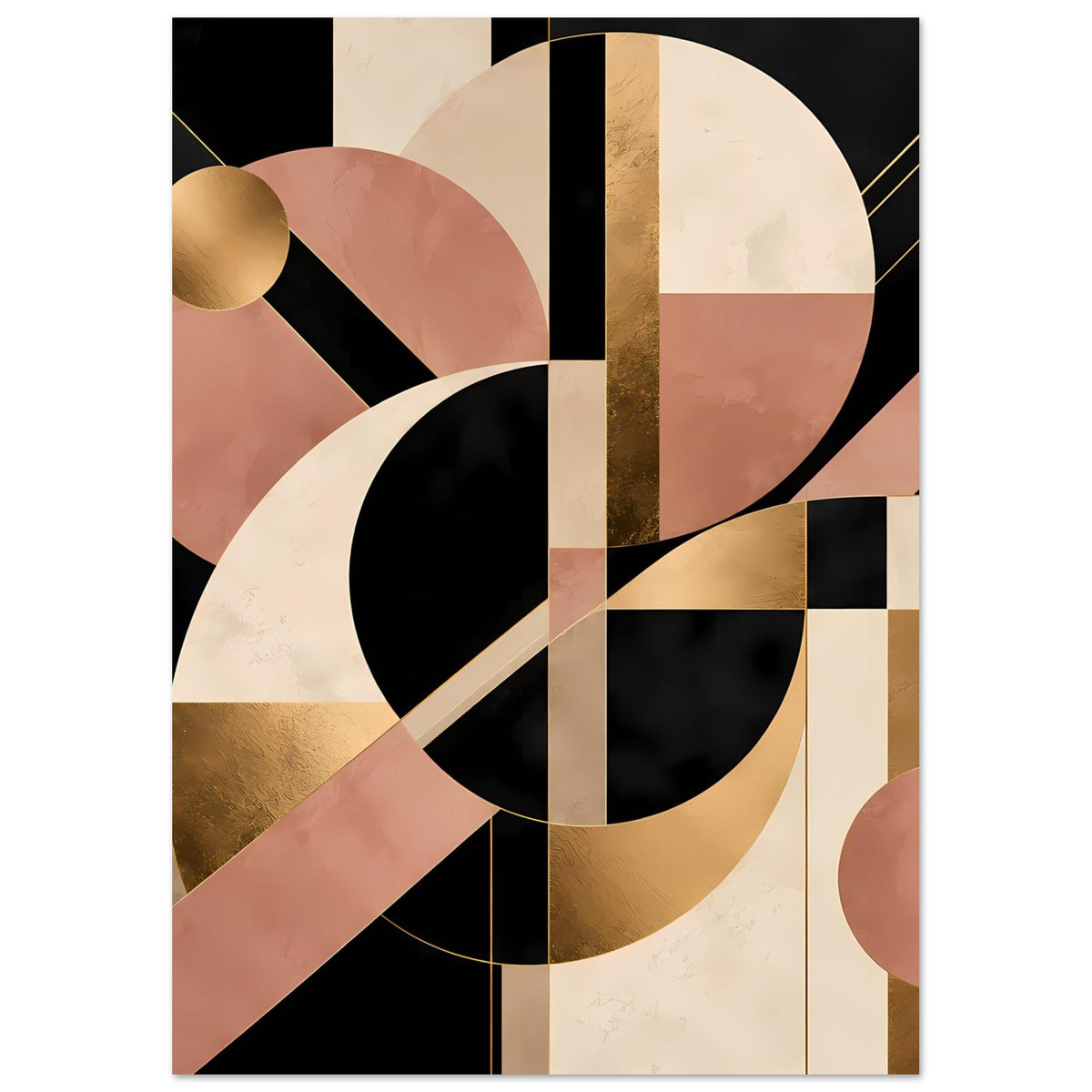 Abstraktes Wandposter mit geschwungenen Rechtecken und Kreisen in Schwarz, Beige, Blush und Gold