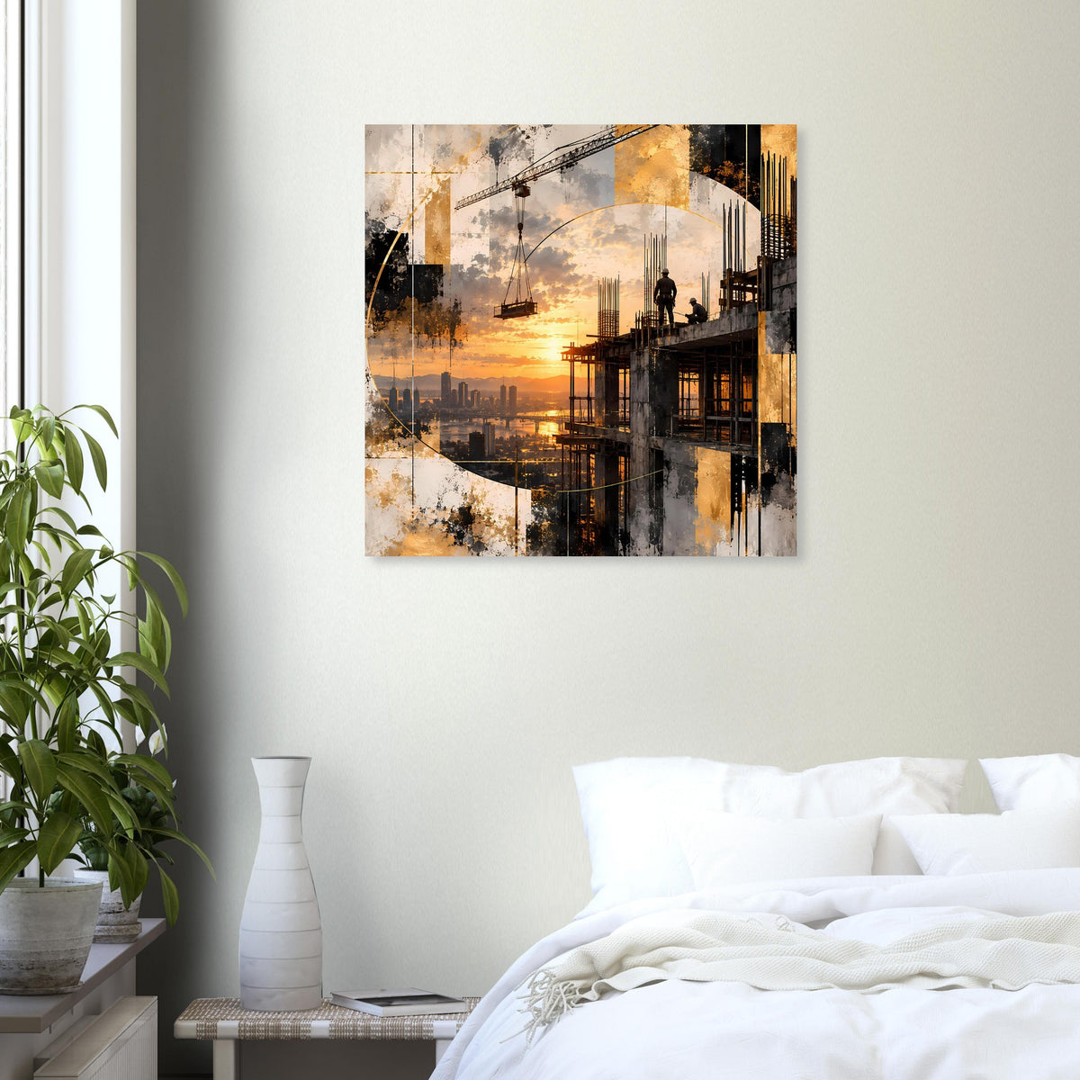 Abstraktes Sonnenuntergangs-Poster an der Wand, Stadt- und Architekturcollage