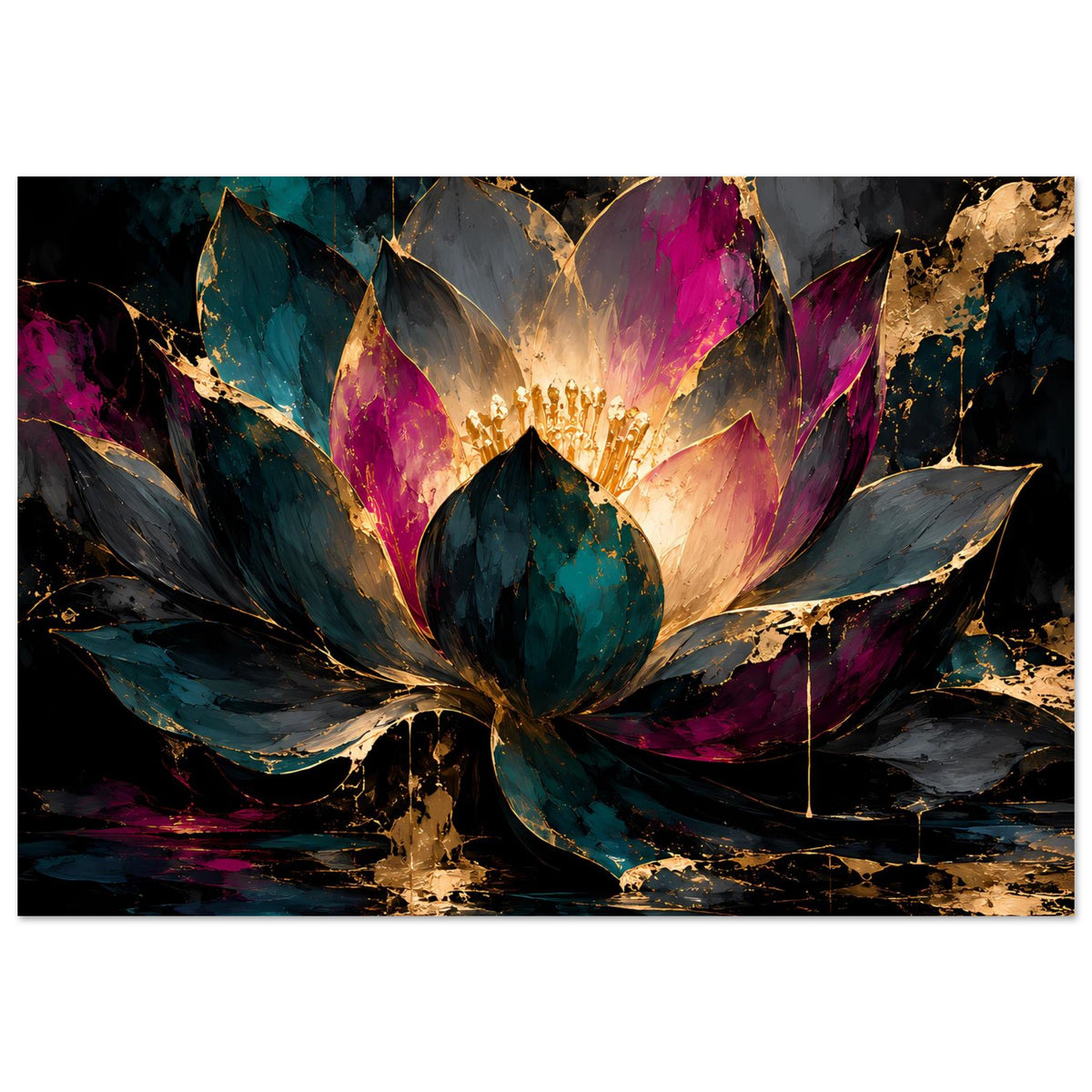 Horizontales Kunstposter mit leuchtender Lotusblüte, kräftigen Farben und goldenen Highlights