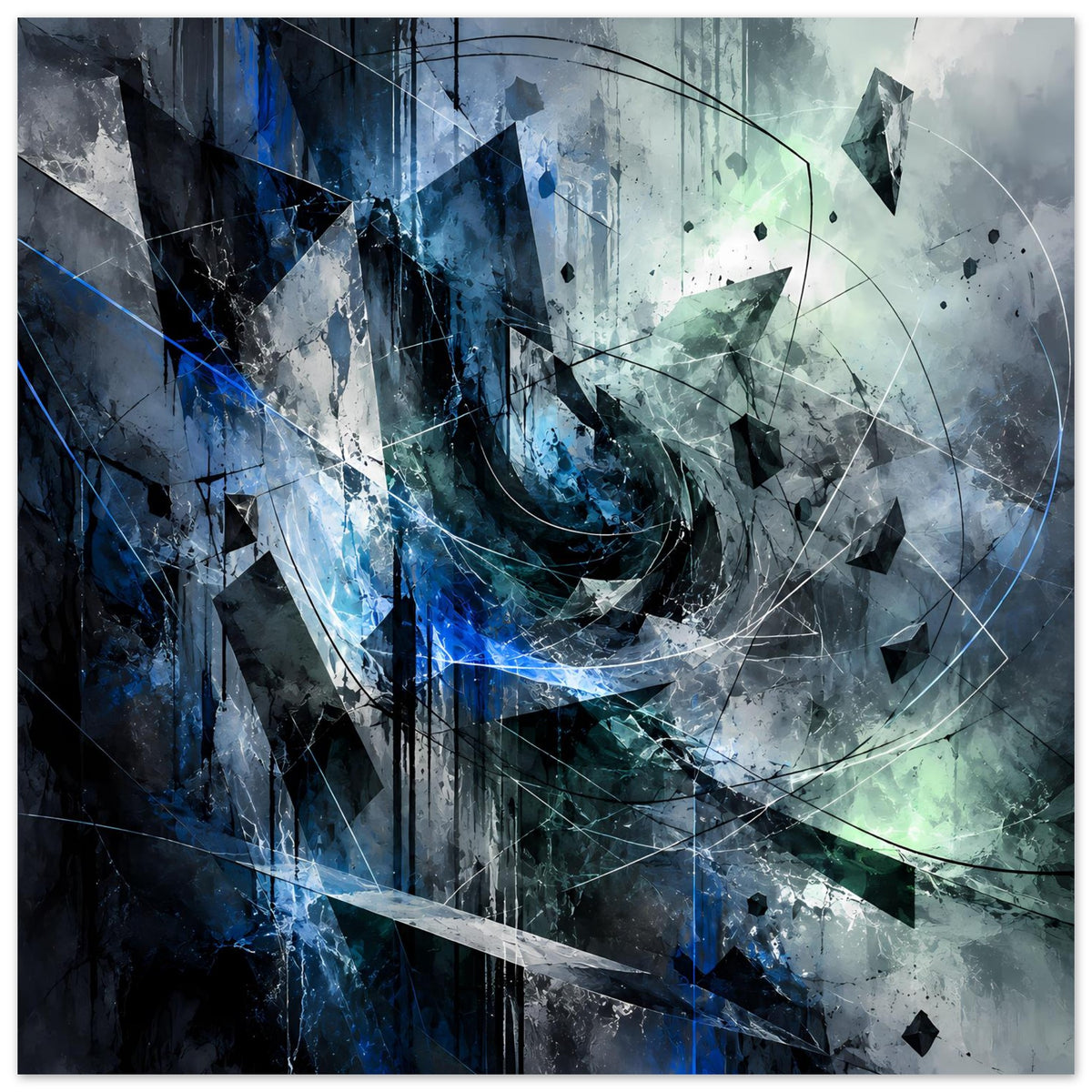 Abstraktes Kunstposter im Querformat mit blauen Akzenten, Drahtkreis-Linien und grau-grünen Flächen