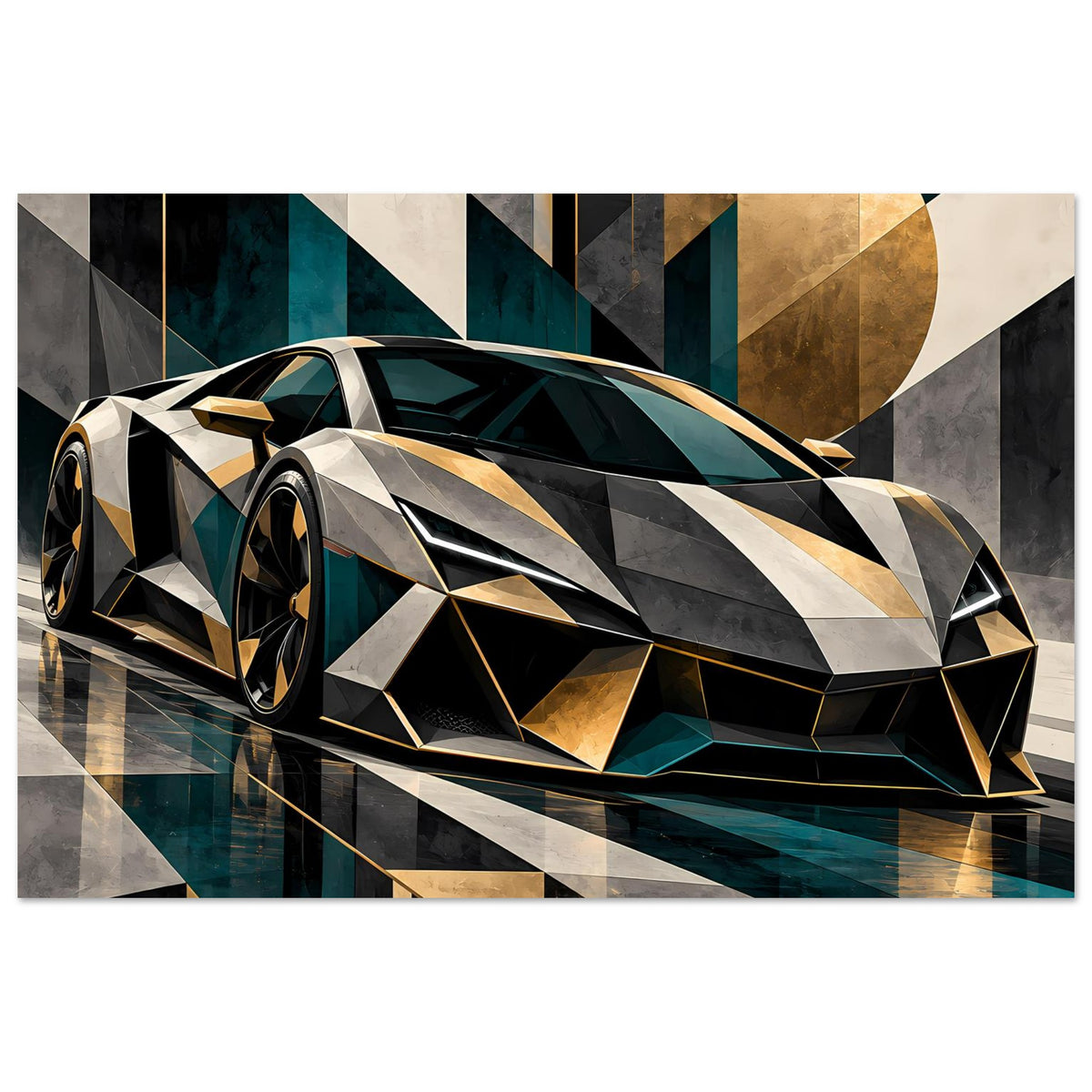 Autoposter mit Luxus-Sportwagen in geometrischem Stil, goldene Akzente und Petrol