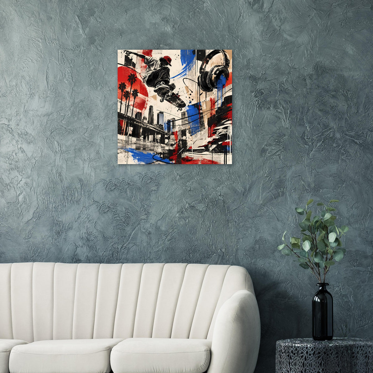 Gerahmtes quadratisches Poster mit abstrakter Stadtgrafik und Skate-Motiv in Rot, Blau und Schwarz.