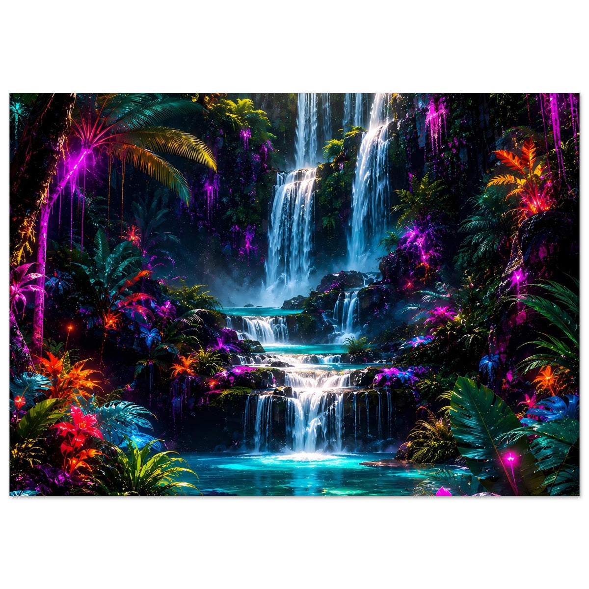 Rechteckiges Poster mit Wasserfall über Stufen, umgeben von farbenfrohen Tropenpflanzen und Neonlicht