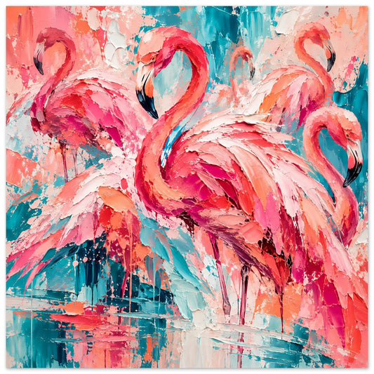 Abstraktes Flamingo-Poster mit pinken und türkisfarbenen Pinselstrichen, mehrere Vögel