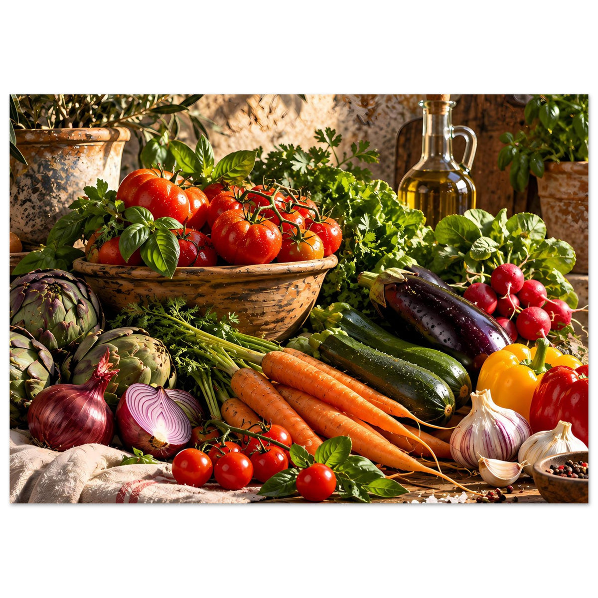 Küchenposter mit Gemüse: Tomaten, Gurken, Karotten, Kräuter und Ölflasche