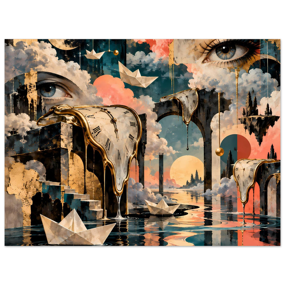 Surrealistisches Poster: Uhr und Augenmotiv, Wolkenhimmel und Papierboote auf Wasseroberfläche