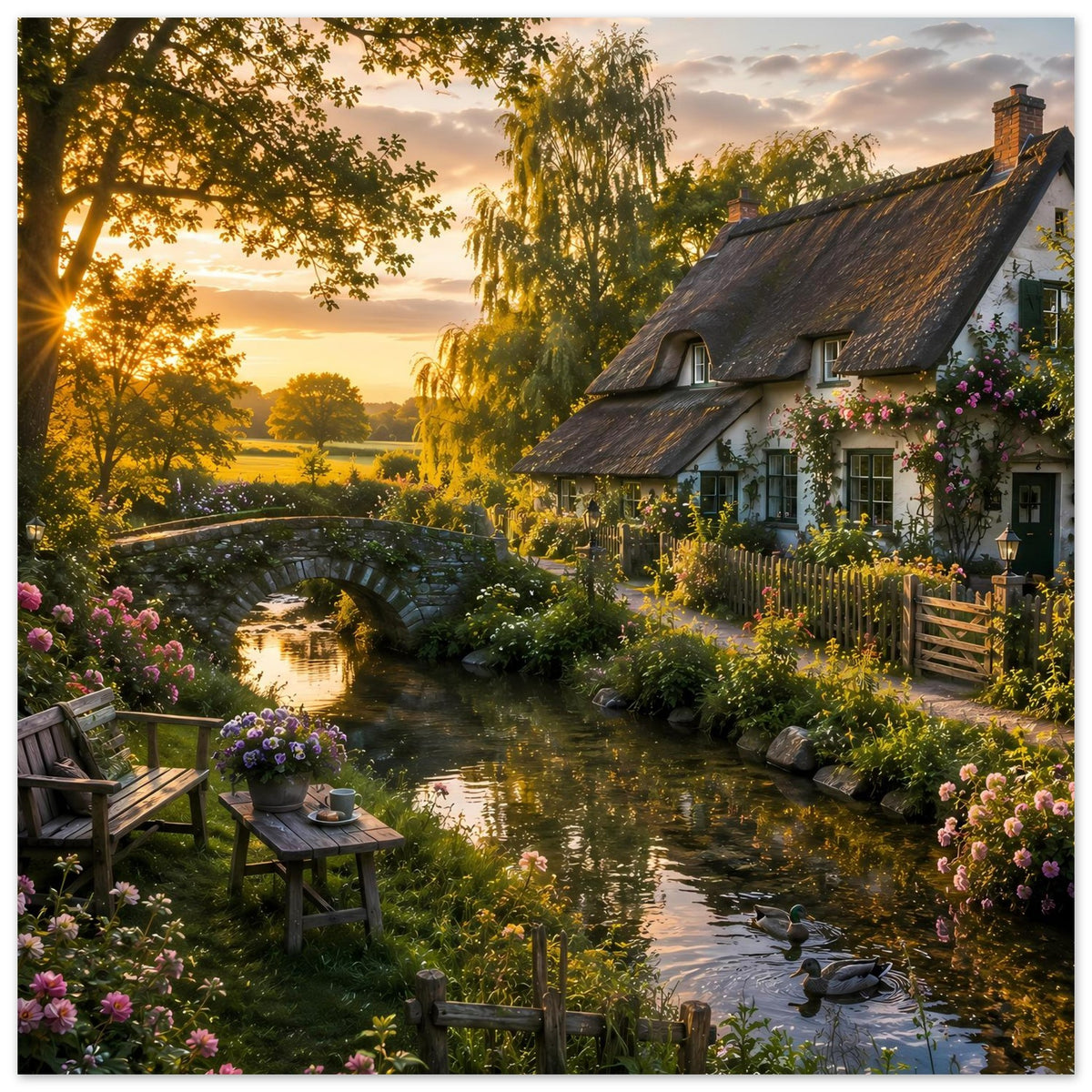 Poster mit Bachlauf, Steinbogenbrücke und Landhaus mit Reetdach, Blumen, Gartentisch und Enten