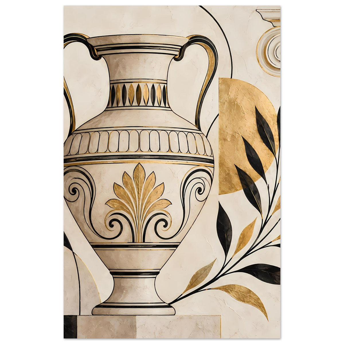 Wandposter mit antiker Amphore und goldenen Blattmotiven, in Schwarz-Gold mit klarer Kontur.