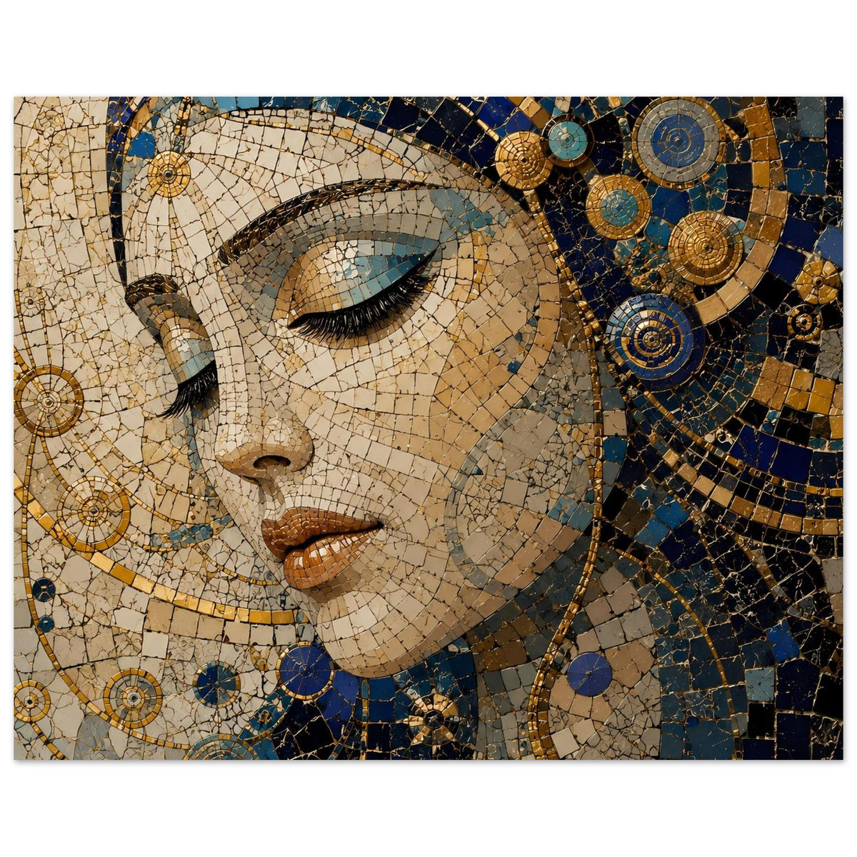 Mosaik-Porträtposter: Frauengesicht in Blau und Gold, Blick auf Augen und Lippen