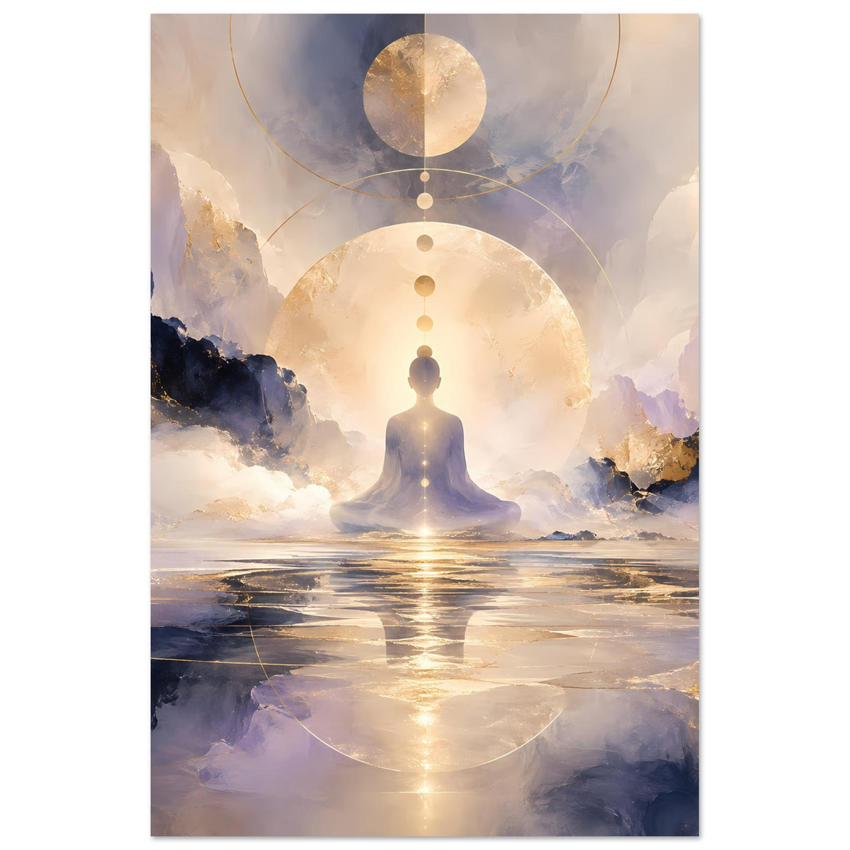 Hochformat-Poster mit Meditationsfigur, goldener Kreiskuppel und reflektierendem Wasser