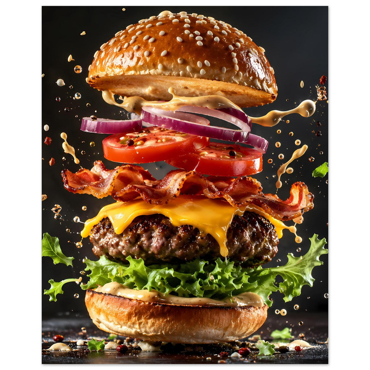 Buntes Poster: Burger mit platten Zutatenlagen, spritzenden Sprenkeln und Käseüberlauf.
