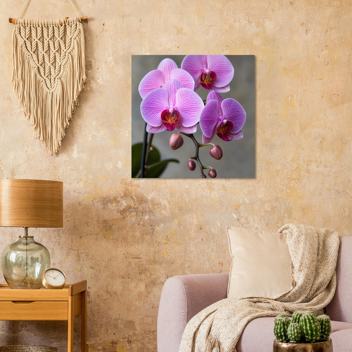 Orchideen-Porträt-Poster: rosa Orchideenblüten und Knospen im Detail