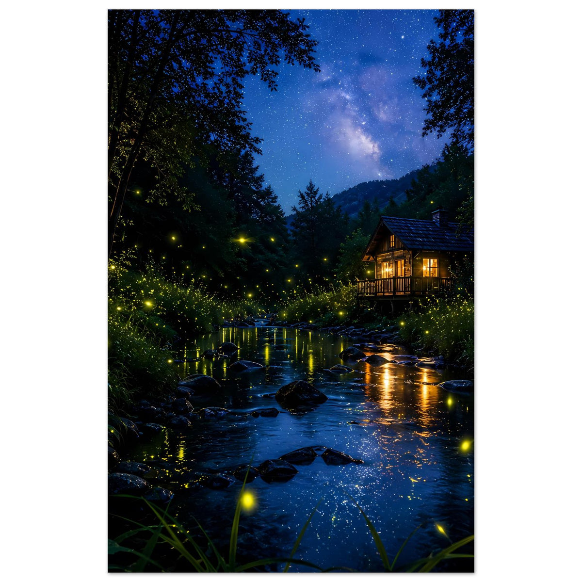 Hochformatiges Poster mit nächtlichem Bach, Glühwürmchen-Lichtern und beleuchtetem Haus