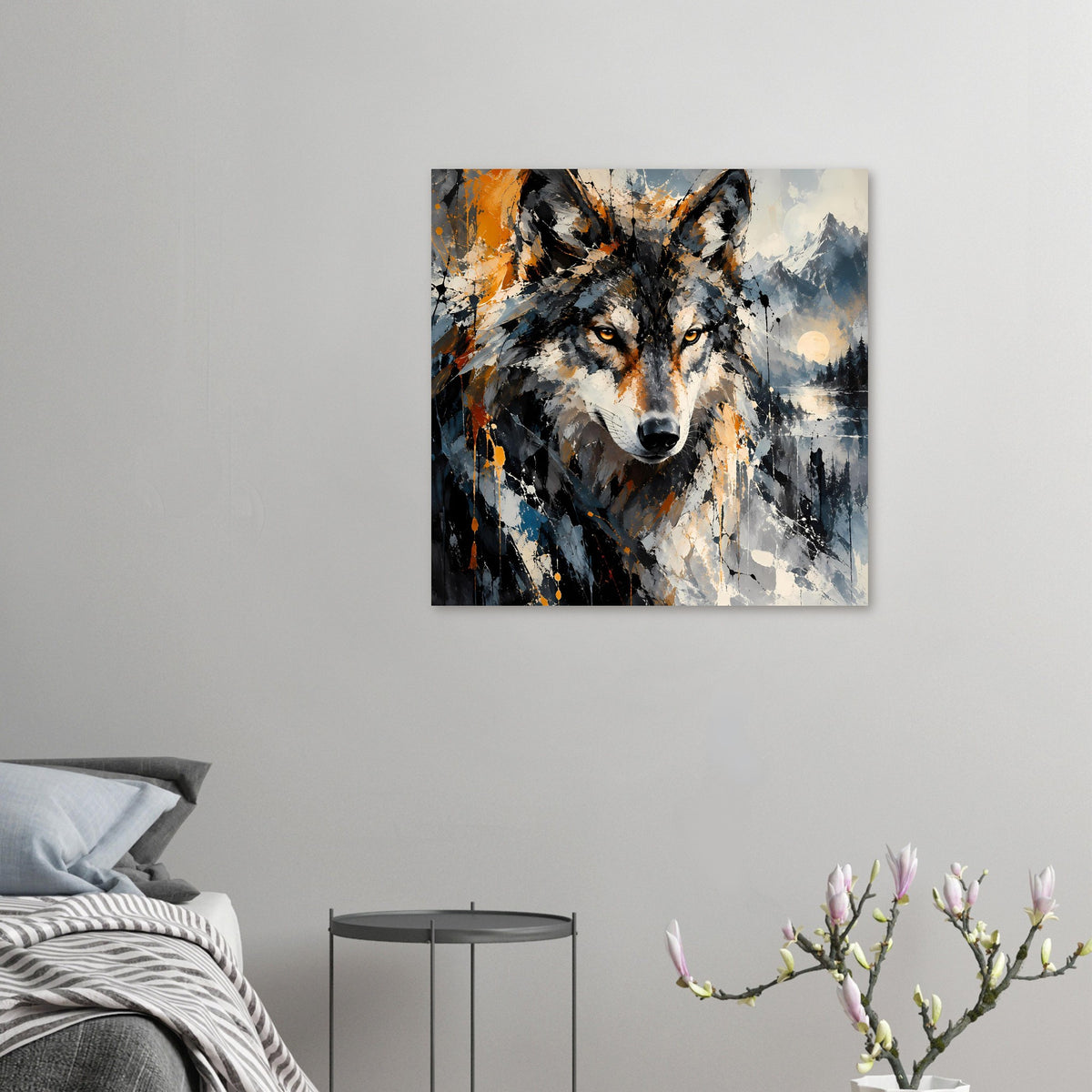 Wolf-Kunstposter im Querformat, abstraktes Wolfsgesicht, Grau-Schwarz mit orangefarbenen Sprenkeln