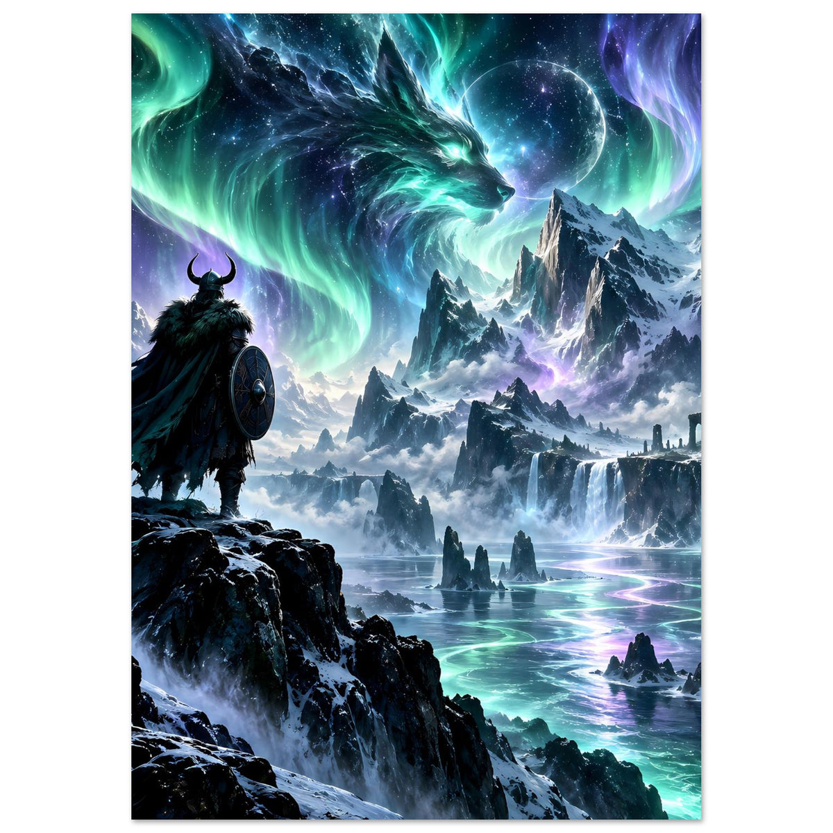Fantasy-Poster im Hochformat: nordischer Krieger, Polarlicht-Drachen und eisige Ruinen