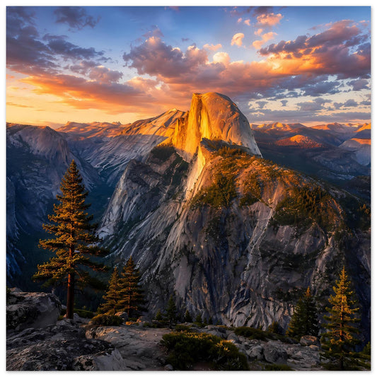 Berglandschafts-Poster mit Sonnenuntergang über Felsklippe und Nadelbäumen, quadratisch
