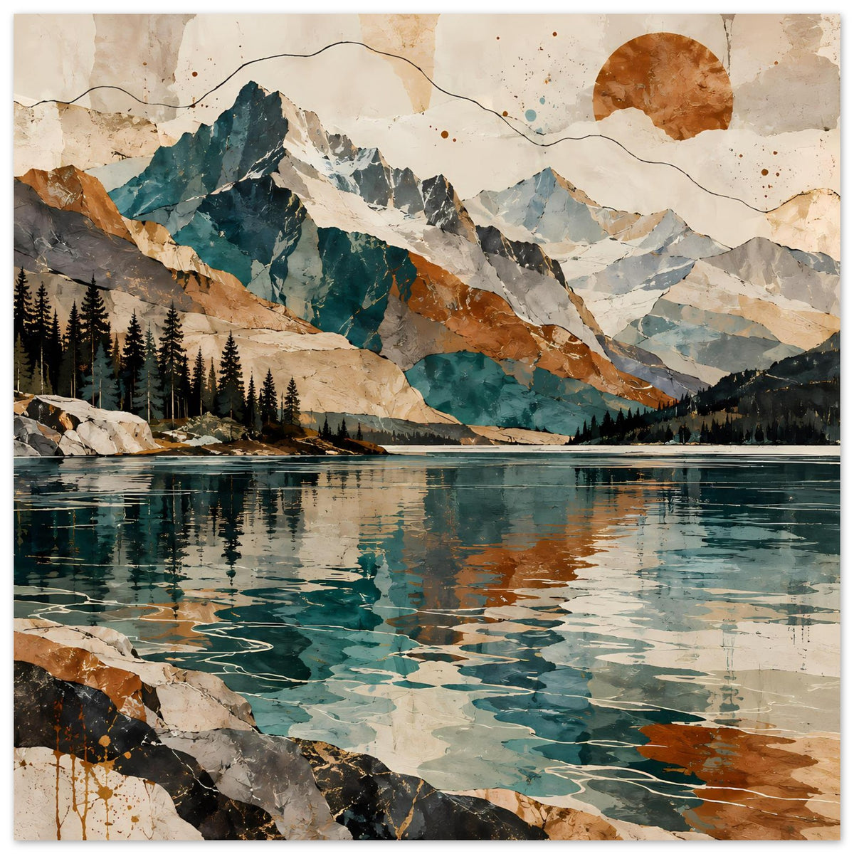 Wandposter Querformat: Bergsee mit Nadelwald, klare Farben Blau, Grün und Braun