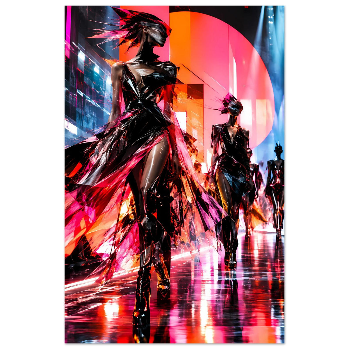 Futuristisches Mode-Poster mit neonfarbenen Laufsteg-Silhouetten, mehrere Models im Bild