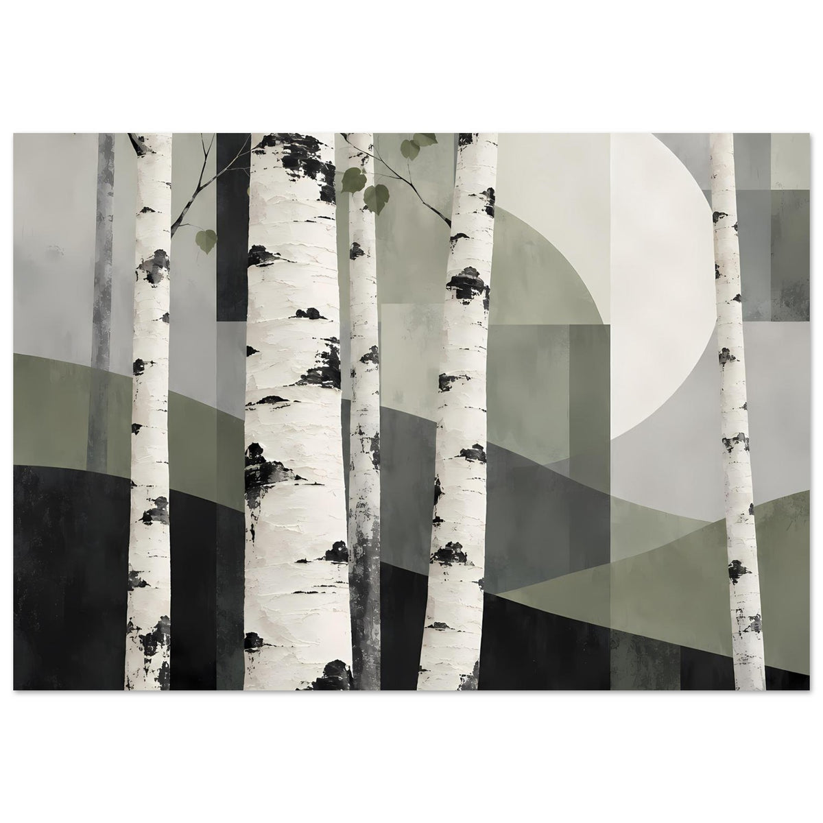 Naturposter mit Birkenwald-Motiv, weiße Baumstämme, graue Streifen und großflächige Formen