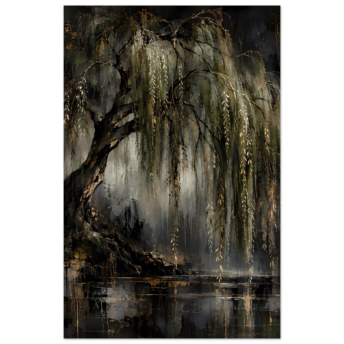 Naturposter im Hochformat: Baumstamm links, lange herabhängende Zweige, Spiegelung unten