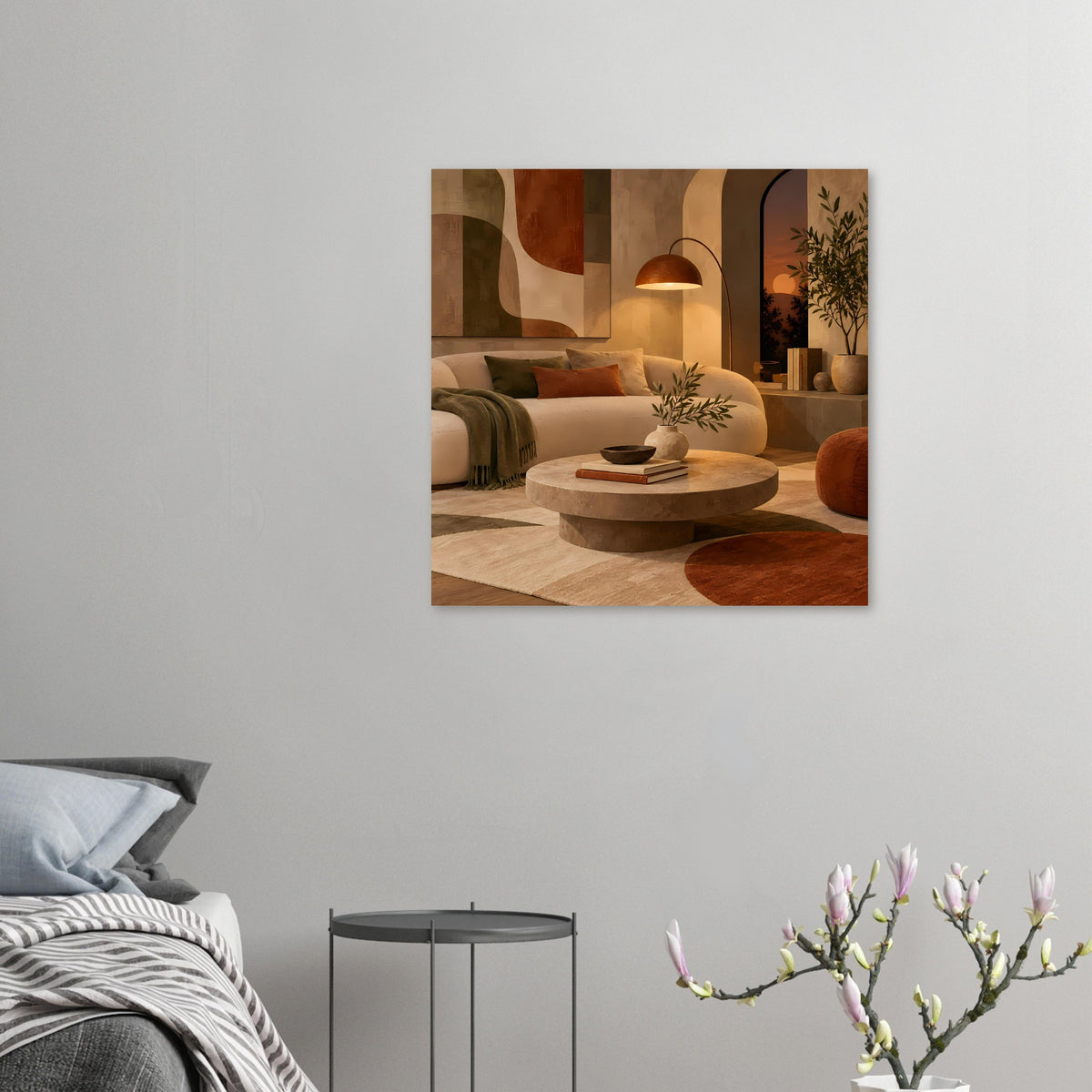 Gerahmtes abstraktes Warmtöne-Kunstposter, quadratisch, Terrakotta- und Beigeflächen