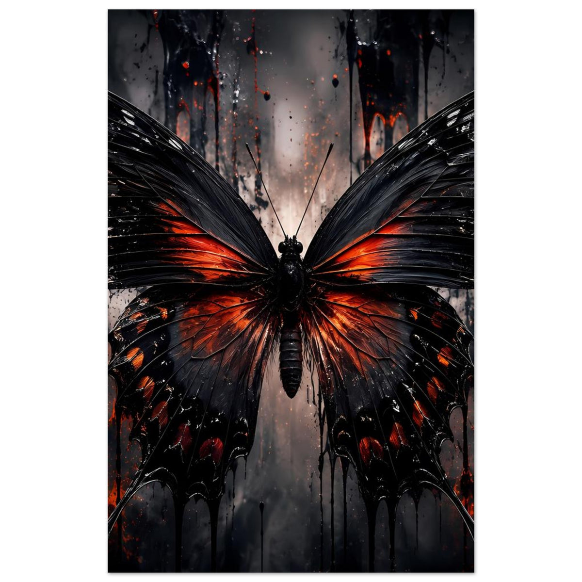 Schmetterlingsposter im Hochformat, dunkles Schmetterlingsmotiv mit orange-roten Lichtreflexen