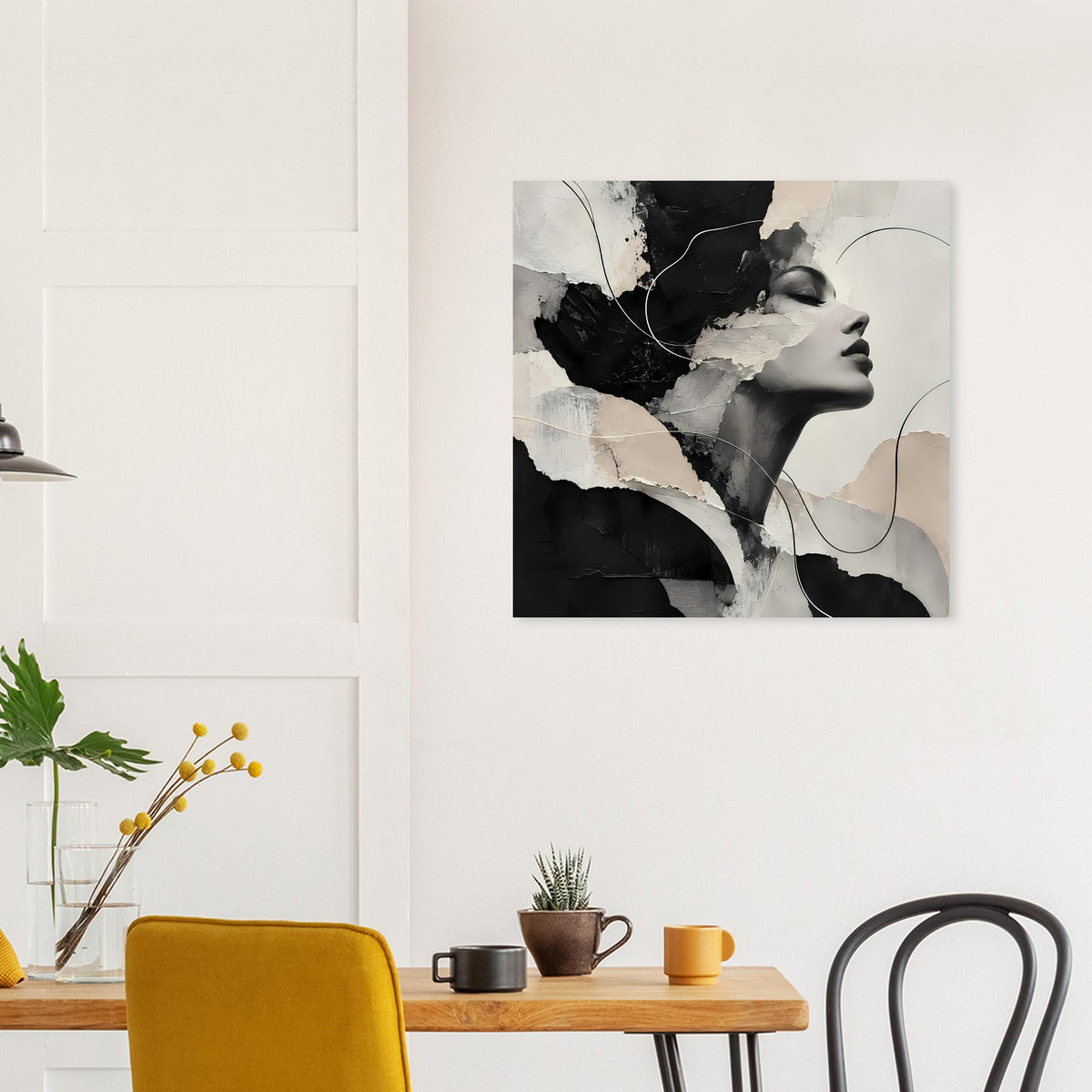 Quadratisches Poster mit abstraktem Frauenprofil in Schwarz, Weiß und Beige