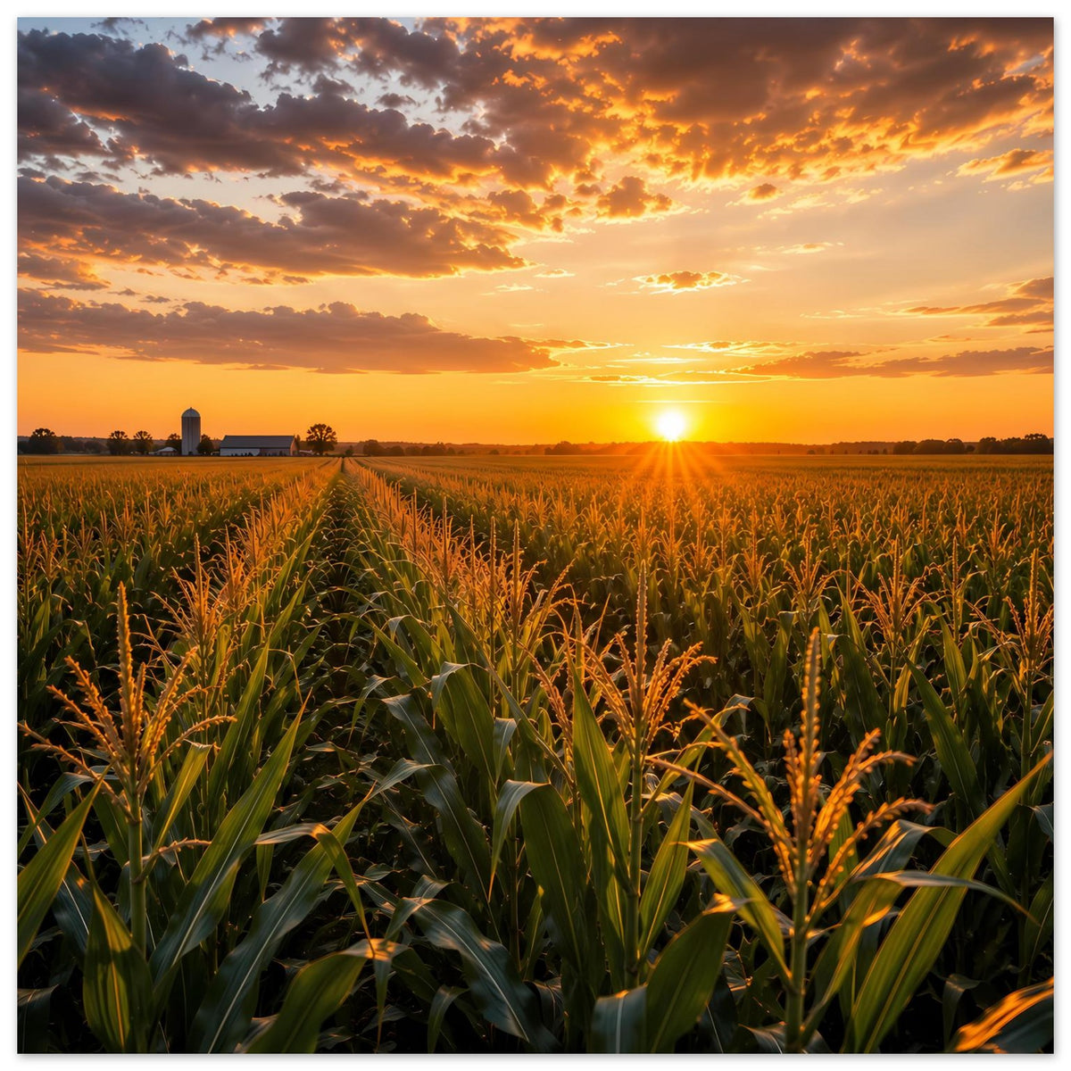Premium-mattes Poster, quadratisch: Sonnenaufgang über Maisfeld mit goldorangefarbenem Himmel