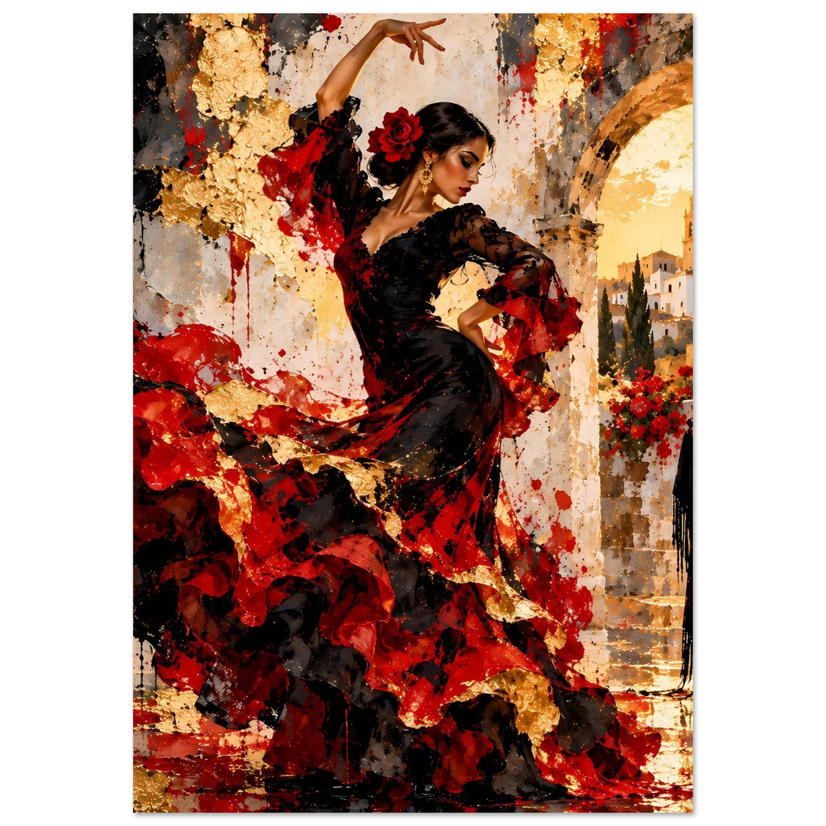 Poster: Flamenco-Tänzerin im schwarzen Kleid mit roten Farbspritzern, erhobene Handhaltung.