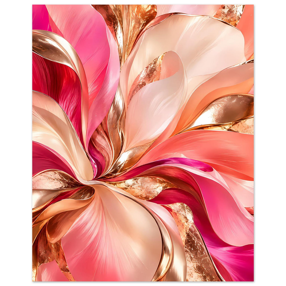 Abstraktes Blumenposter (Hochformat) mit rosa, pfirsichfarbenen und goldenen Wirbeln