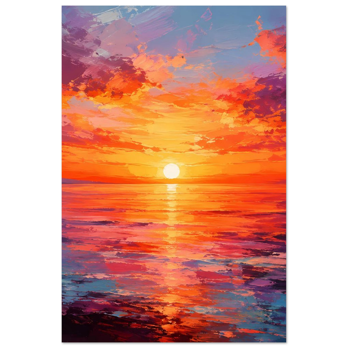 Poster im Hochformat: Sonnenuntergang am Meer, orange-violette Wolken und Spiegelung.