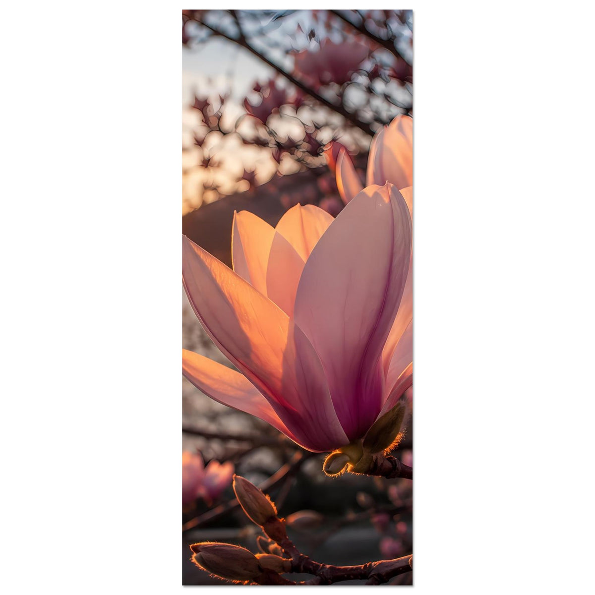 Magnolienblüten Poster hochkant: violett-rosa Blütenknospen und orangefarbene Blüte