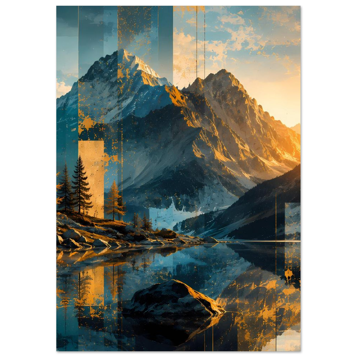 Poster mit abstrakter Berglandschaft: schroffe Berge, Tannen, warmes Sonnenlicht, Hochformat